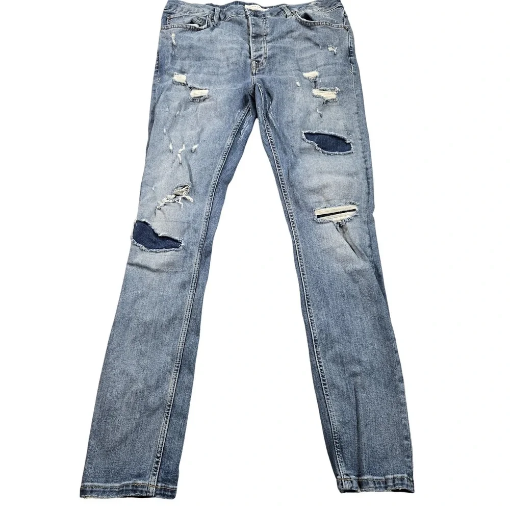 Topman Stretch Skinny Jeans Mens 34x32 (tag 36x34) Blue Distressed Stretch Denim